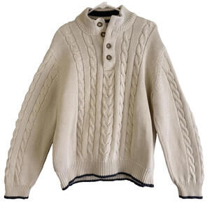 Eddie Bauer Sweater Mens XL Cream Cable Knit Quarter Button Mock Neck Pullover